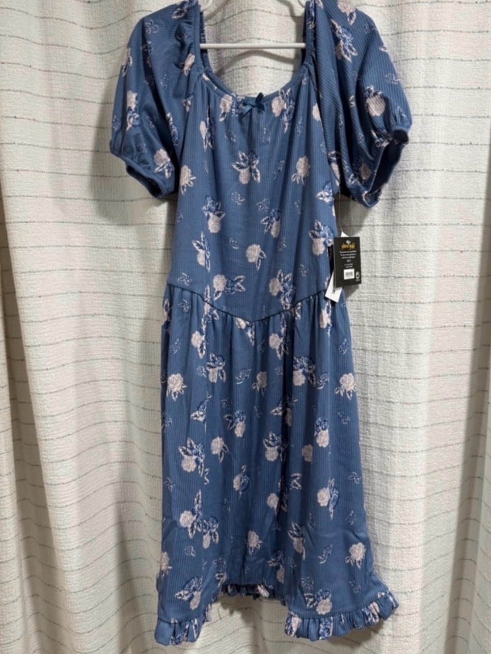 Planet Gold Blue Floral Puff-Sleeve Midi Dress